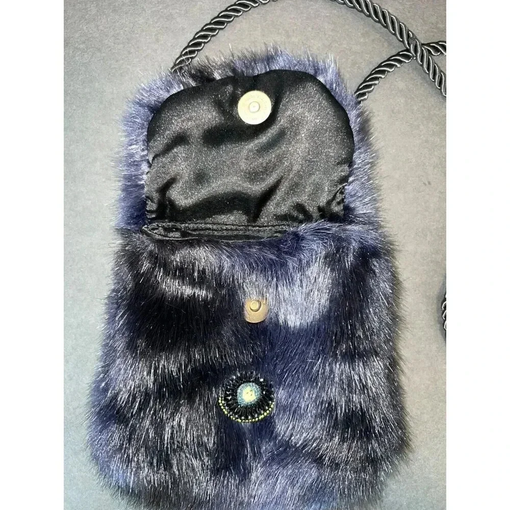 Vintage Christine Clarke faux fur mink purse crossbody satchel bag blue artsy